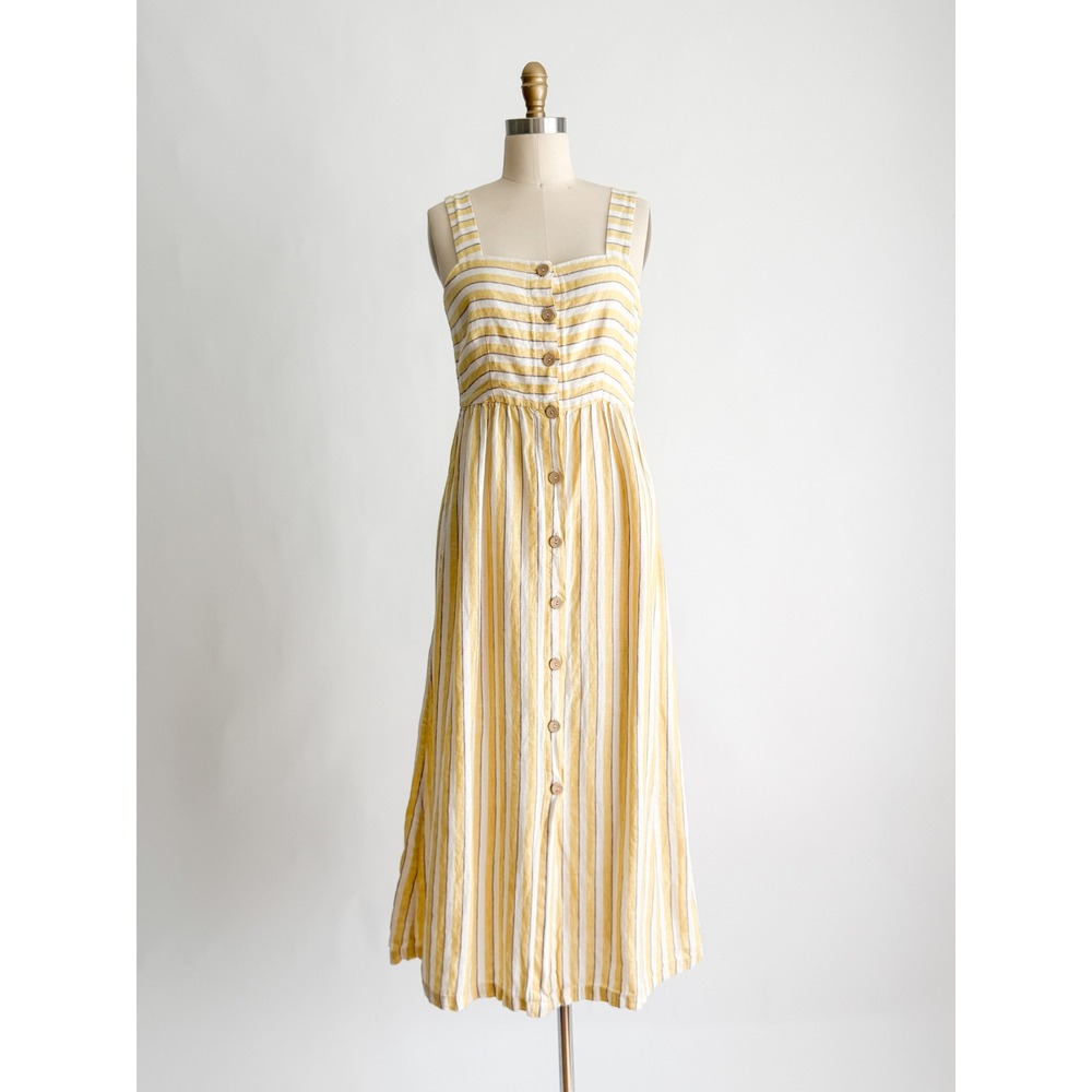Rachel Zoe Linen Midi Dress Striped Button Front Sun Dress 2 Yellow Pockets